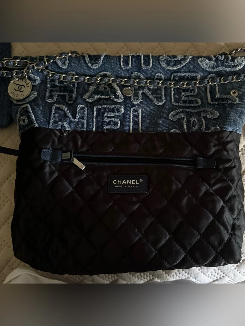 Denim Logo-Embroidered Navy Shoulder Hobo